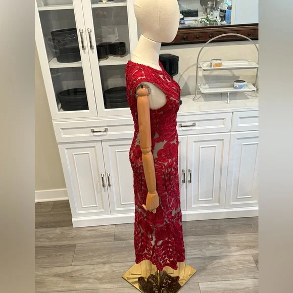 JS Collections Red Sequin Embellished Sheath Midi Dress - Picture 15 of 15